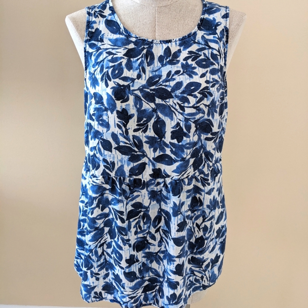 J Jill pureJill tank flowy tunic top blue floral tier Tencel small Spring Summer
